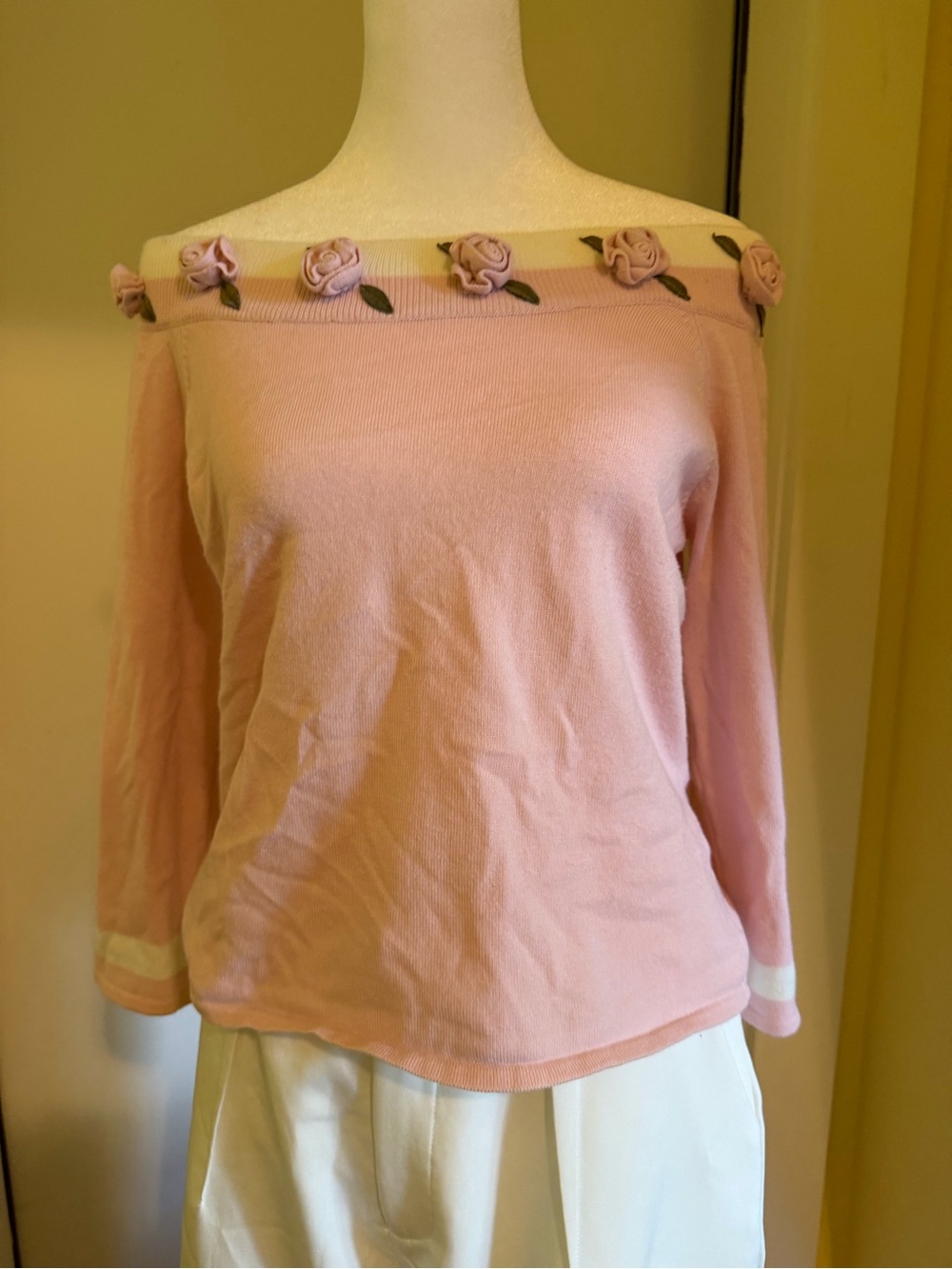 Off-Shoulder Pink Rose Trim Women's Sweater